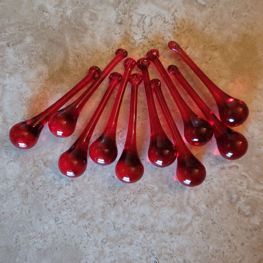 2 Sisters Artisan Glass Handmade Red Crystal Raindrop Ornaments 3" Set of 10